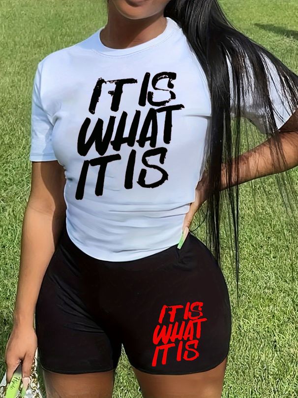 Summer Women's Casual Fashion Letter Printed Loose T-shirt+shorts Two-piece Sportswear Suitable For Daily Wear-121_ecoleips.com