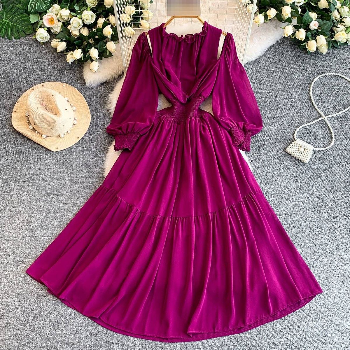 Women's French Style Off-Shoulder Round Neck Dress With Lantern Sleeves Elastic Waist Slimming Ruffle Long Skirt Summer Elegant_ecoleips.com