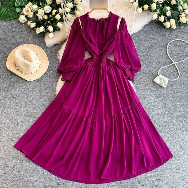 Women's French Style Off-Shoulder Round Neck Dress With Lantern Sleeves Elastic Waist Slimming Ruffle Long Skirt Summer Elegant_ecoleips.com