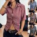 Women's Clothing Five-Sleeve Plaid Top - Spring Summer Fashion Blouse With Unique Sleeve Design Spring Layering Piece_ecoleips.com