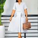 Elegant V-Neck A-Line Midi Dress With Belt - Flattering Short Sleeve Summer Dress For Women (S-XXXL, Plus Size Options)_ecoleips.com
