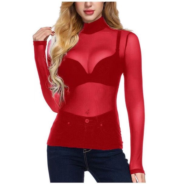 2025 Instagram Sexy Women's Tight Inner Long Sleeved T-shirt Slim Fit Perspective High Neck Bottom Shirt Mesh Cloth_ecoleips.com