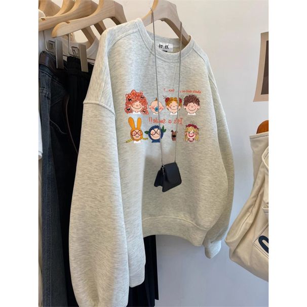 Women's Fleece Lined Long Sleeve T-Shirt round Neck Thick Sweatshirt American Style Loose Heavyweight Top for Autumn Winter Men's Couple_ecoleips.com