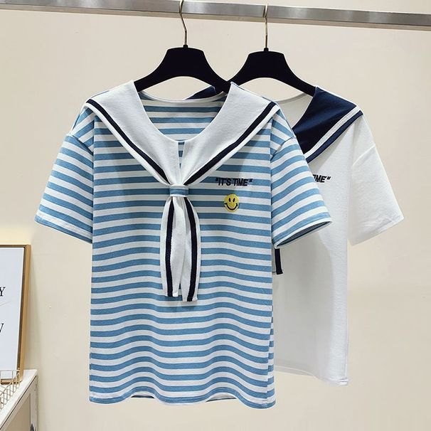 Women's Clothing Fashionable Women's Style Set Embroidered Letter Collar Sailor Suit Short Sleeve Top With Ethnic Trendy Jeans_ecoleips.com