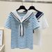 Women's Clothing Fashionable Women's Style Set Embroidered Letter Collar Sailor Suit Short Sleeve Top With Ethnic Trendy Jeans_ecoleips.com
