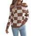Autumn And Winter New Casual Off-shoulder Color-blocking Plaid Lantern Long-sleeve Sweater Women's Clothing_ecoleips.com
