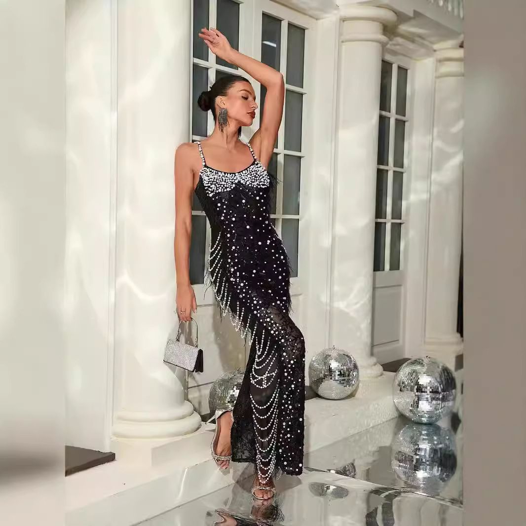 Women's Clothing Luxury Feather Beaded Sling Slim Banquet Evening Dress Elegant Fashion Party_ecoleips.com