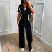 Women's Straight Fit Zippered Short Sleeve Top With Elastic Waist And Pockets Casual Versatile Spring Summer Everyday Commute Suit_ecoleips.com