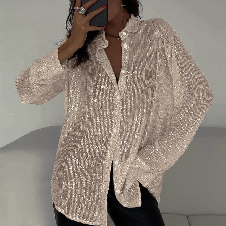 Women's Clothing Spring And Summer New Sequin Top Lapel Long Sleeve Cardigan Basic Women's Shirt Jacket_ecoleips.com