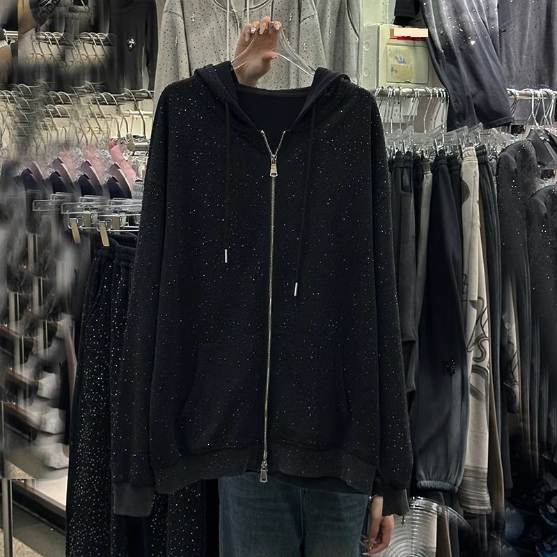 Women's Clothing Extra large size 2 300 catties fat m early spring starry hot diamond hooded jacket female loose style age reducing zipper sweater_ecoleips.com