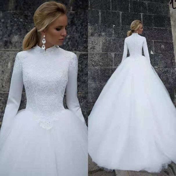 Elegant African Muslim Wedding Dress – Modest Long Sleeve High Neck Lace Gown With Vintage Train For Bridal Ceremonies_ecoleips.com