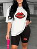 Summer Women's Casual Fashion Zipper Red Lip Print Loose T-shirt+shorts Two-piece Sportswear Suitable For Daily Wear-78_ecoleips.com