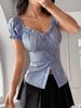Summer French Style Women's Slimming Striped Shirt Casual Short Sleeve T-Shirt Lace Collar Puff Sleeve Fashionable Top_ecoleips.com