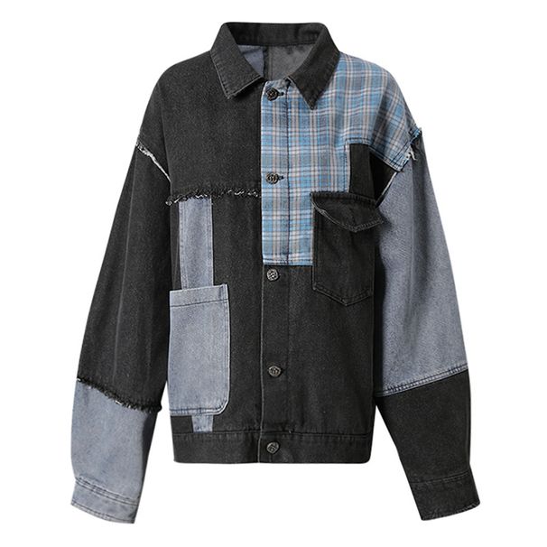 Urban Street Style Distressed Denim Jacket For Women, Oversized Patchwork Collar Coat, Fashionable Retro Loose Fit Casual Jacket_ecoleips.com