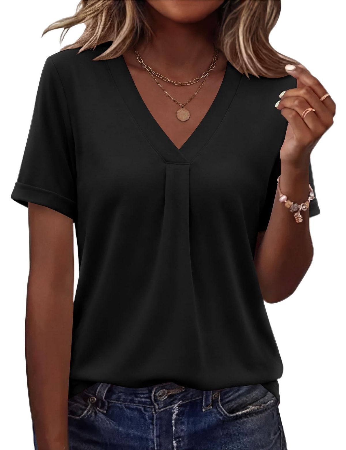 AKEWEI Womens Tops Short Sleeve Shirts For Women V Neck Business Casual Tunic Spring Fashion Clothes 2026_ecoleips.com