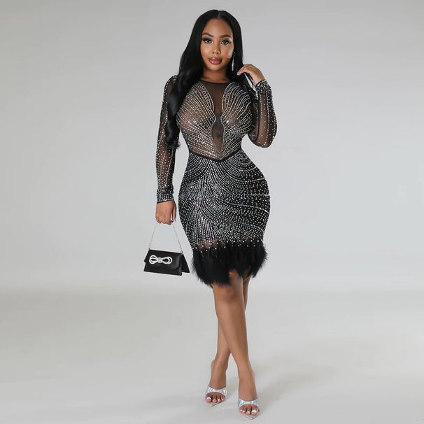 Women's Clothing Sexy See-through Rhinestone Long-sleeved Dress_ecoleips.com
