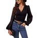 European And American Cross-border 2026 New Chiffon Lantern Sleeve Patchwork Pleated Waist V-neck Long-sleeve Slim-fit_ecoleips.com