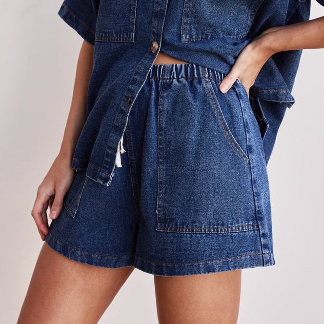 Retro Casual Loose Pocket Short Sleeved Shirt Shorts Denim Two Piece Suit_ecoleips.com