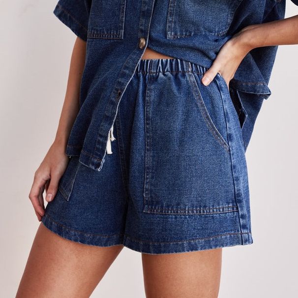 Retro Casual Loose Pocket Short Sleeved Shirt Shorts Denim Two Piece Suit_ecoleips.com