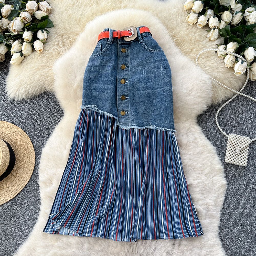 Korean Style Contrast-Color Denim A-Line Skirt – High Waisted Stretch Midi Skirt With Stripe Accents, Slimming Office & Casual Wear_ecoleips.com