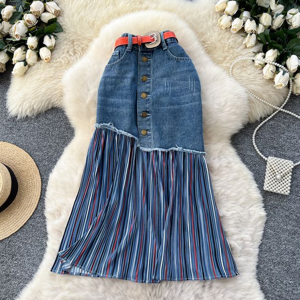 Korean Style Contrast-Color Denim A-Line Skirt – High Waisted Stretch Midi Skirt With Stripe Accents, Slimming Office & Casual Wear_ecoleips.com