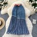 Korean Style Contrast-Color Denim A-Line Skirt – High Waisted Stretch Midi Skirt With Stripe Accents, Slimming Office & Casual Wear_ecoleips.com