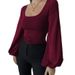 cross-border Women's Light Floral Gray Solid Color Square-neck Lantern Sleeve U-neck Sexy Slim-fit Top_ecoleips.com