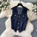 Women's Clothing Summer Outfit For Women Retro Sleeveless V Neck Denim Vest, High Waist Drape Skirt, Two Piece Suit_ecoleips.com