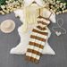 Women's Clothing V Neck Hollow Knitted Long Sleeved Sunscreen Cardigan Short Jacket Striped Temperament Suspender Dress Set_ecoleips.com