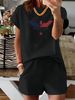 Summer New Letter Pattern T-shirt, Casual Printed Round Neck Short Sleeved Top With Elastic Waist Pocket, Women's Two-piece Set-287_ecoleips.com
