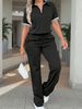Women's European American Style Casual Polo Shirt And High Waisted Drawstring Pants Two Piece Set Color Block Short Sleeve Top_ecoleips.com