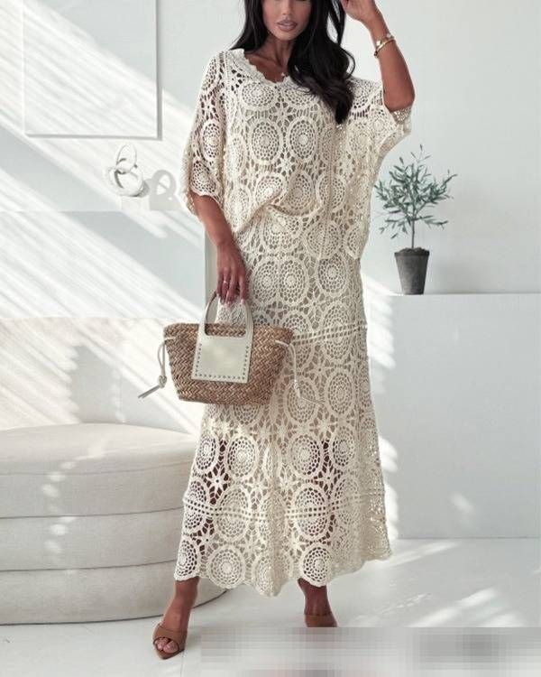 Elegant Crochet Lace Openwork Knit Cardigan With Flared Sleeves And Matching Midi Skirt Set, Boho Chic Loose Fit Short Top For Women_ecoleips.com