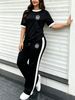 Women's Simple Sport 2-piece Set, Classic Print Colorblock Tee & Stretch Knit Side-stripe Drawstring Wide Leg Pants For Spring Summer Commute & Gym_ecoleips.com