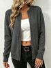 Heather Grey Zip Up Crew Neck Pit Rib Knit Cardigan, Loose Lightweight Breathable Soft Skin-touch Long Sleeve Pocket Jacket_ecoleips.com