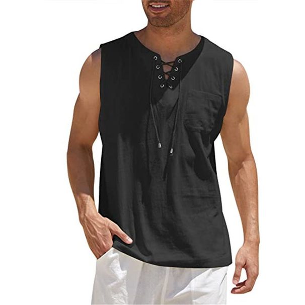 Men's Cotton Linen Solid Color Casual Shirt Sleeveless Tie Waist Fashion Top Summer Hot Selling_ecoleips.com