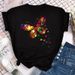 European And American Cross-border Foreign Trade Women's Clothing, Colorful Butterfly Print Round-neck Short-sleeve_ecoleips.com