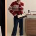 girl Christmas Red Turn-Down Collar Half-Zip Sweater For Women, Autumn Winter Lazy Style, Soft And Cozy, Zodiac Year Jacquard_ecoleips.com