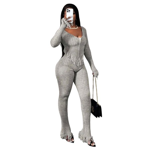 Women's Sexy Knit Crochet Fringe Set – Stylish Long-Sleeve Top & Pants (Breathable Polyester, S-XXL) For Night Out & Casual Chic_ecoleips.com