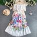 Elegant Off-Shoulder Long Dress With Rhinestone Embroidery Floral Print Waist-Defining Ruffle Sleeves Formal Evening Gown_ecoleips.com
