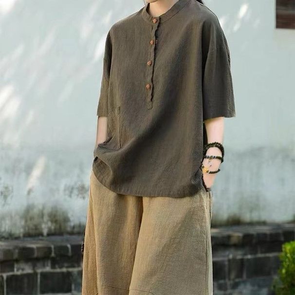 Spring/Summer Cotton/Linen Shirt With Stand-Up Collar, Solid-Color Design, Artistic And Retro Style; Suitable For Women_ecoleips.com