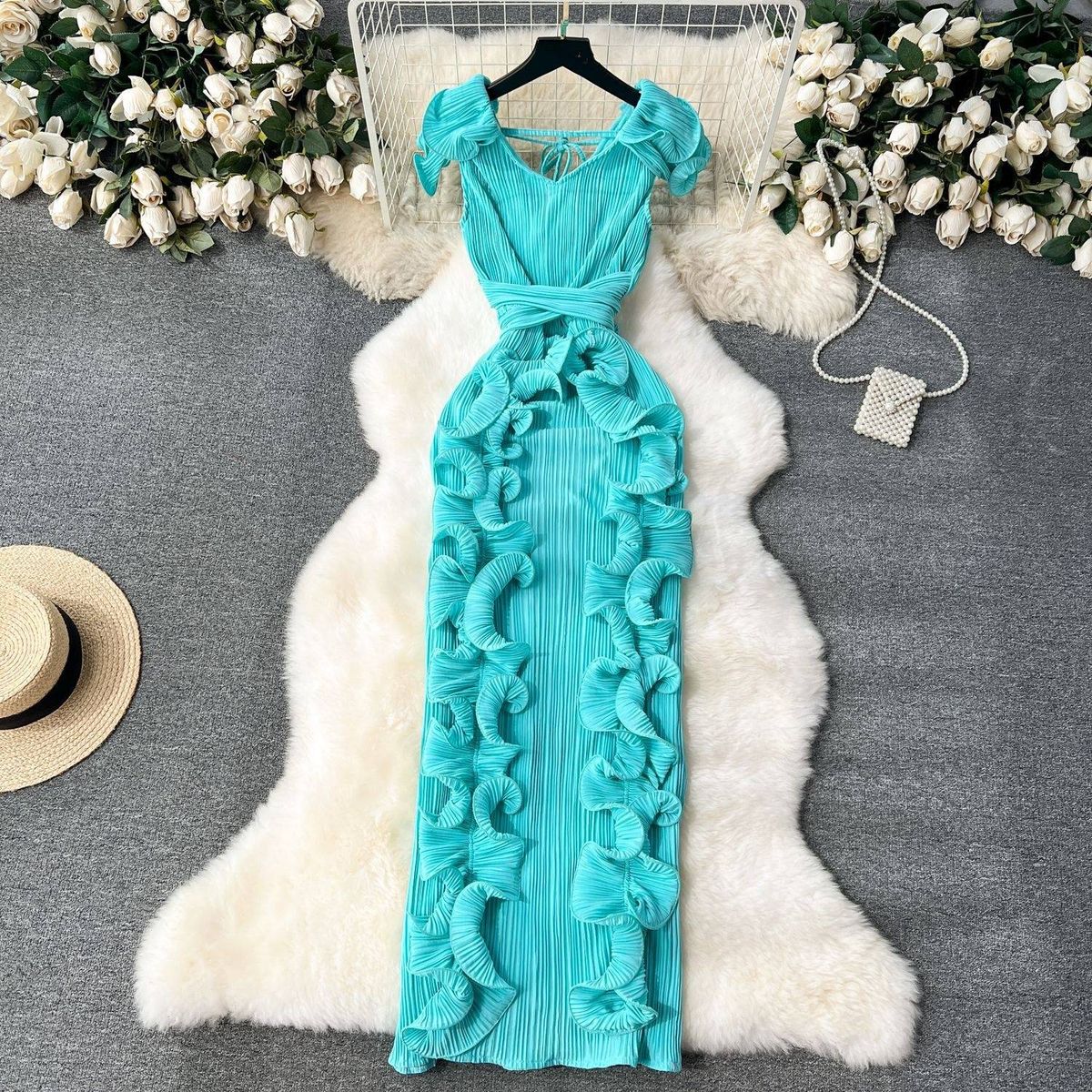 Women's Clothing High End Dress High End Light Luxury Niche Pleated Three Dimensional Ruffled Slim Long Temperament Dress_ecoleips.com