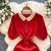 Women's Clothing Lace Collar Puff Sleeves Slim Fit Short Sleeves Knitted Dress Single Row Gold Button Long Skirt_ecoleips.com
