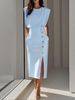 Women's Clothing Royal Sister Style Solid Color Round Neck Waist Slit Metal Button Summer Dress For Women_ecoleips.com