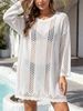 Vacation Style Mesh Knit Top, Loose Mid-length Hollow Out Bikini Cover Up, Summer Round Neck Drop Shoulder Vertical Stripes Outerwear_ecoleips.com