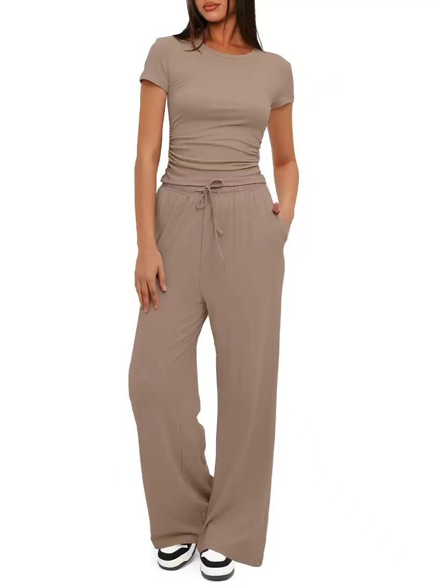 Women's Ruffle Detail Short Sleeve Top And Wide Leg Pants Set Casual Summer Two-Piece Outfit Soft Knit Fabric_ecoleips.com