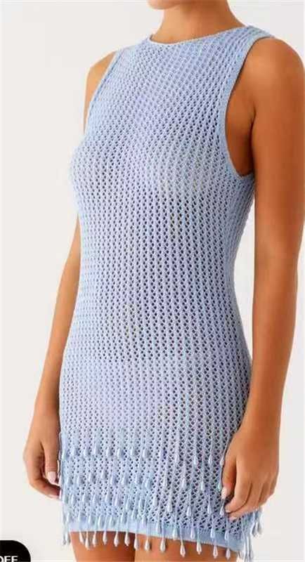 "Women's Bohemian Beach Cover-Up Knit Sweater Dress With Tassel Details - Lightweight Hollow Crochet Bikini Cover For Summer Vacation"_ecoleips.com