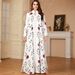 Muslim Dress Women Elegant Arabian White Printed Robe - Modest Long Sleeve Dress For Women, Flowy Maxi Dress With Cultural Embroidery_ecoleips.com