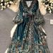 Women's Bohemian V-Neck Maxi Dress Long Sleeve Ethnic Print Belted Dress for Women_ecoleips.com
