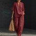 20226 Summer Fashion Casual European American Cross-Border Linen Cotton Solid Color T-Shirt And Pants Set V-Neck Pocket_ecoleips.com