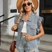 Distressed Denim Vest With Peplum Hem – Oversized Fit, Single Button, Lapel Collar (Blue/Black Grey/Leopard Print, S-XXL, Streetwear, Grunge)_ecoleips.com